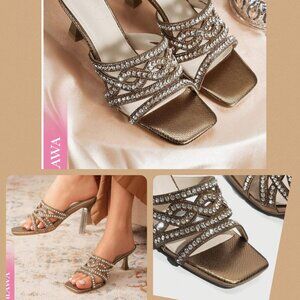 NWOT-Rhinestone Slip-On, Square Toe Sandals in Bronze (Size 7) *Heel Height 2.6"
